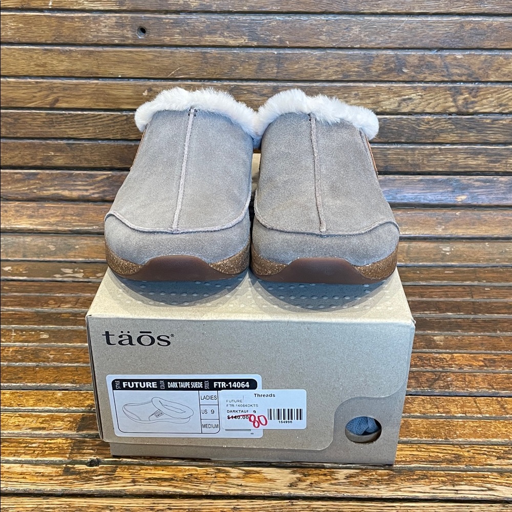 Taos Footwear Gray Suede Slip-Ons with White Trim
